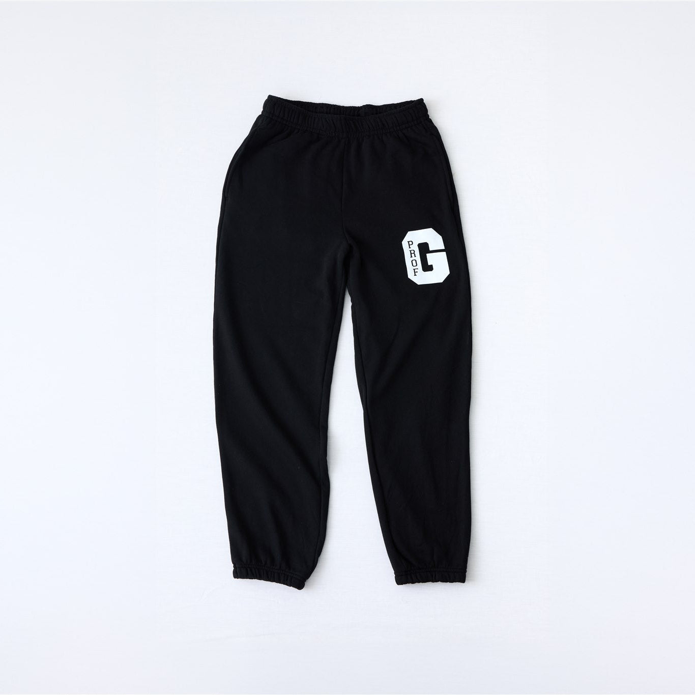 Black Prof G Collegiate jogger sweatpants featuring minimalist white collegiate logo graphic.