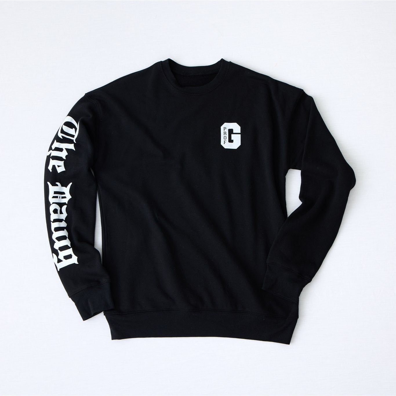 Black lightweight crewneck sweatshirt featuring Prof G Collegiate chest logo and oversized Dawg sleeve graphic.