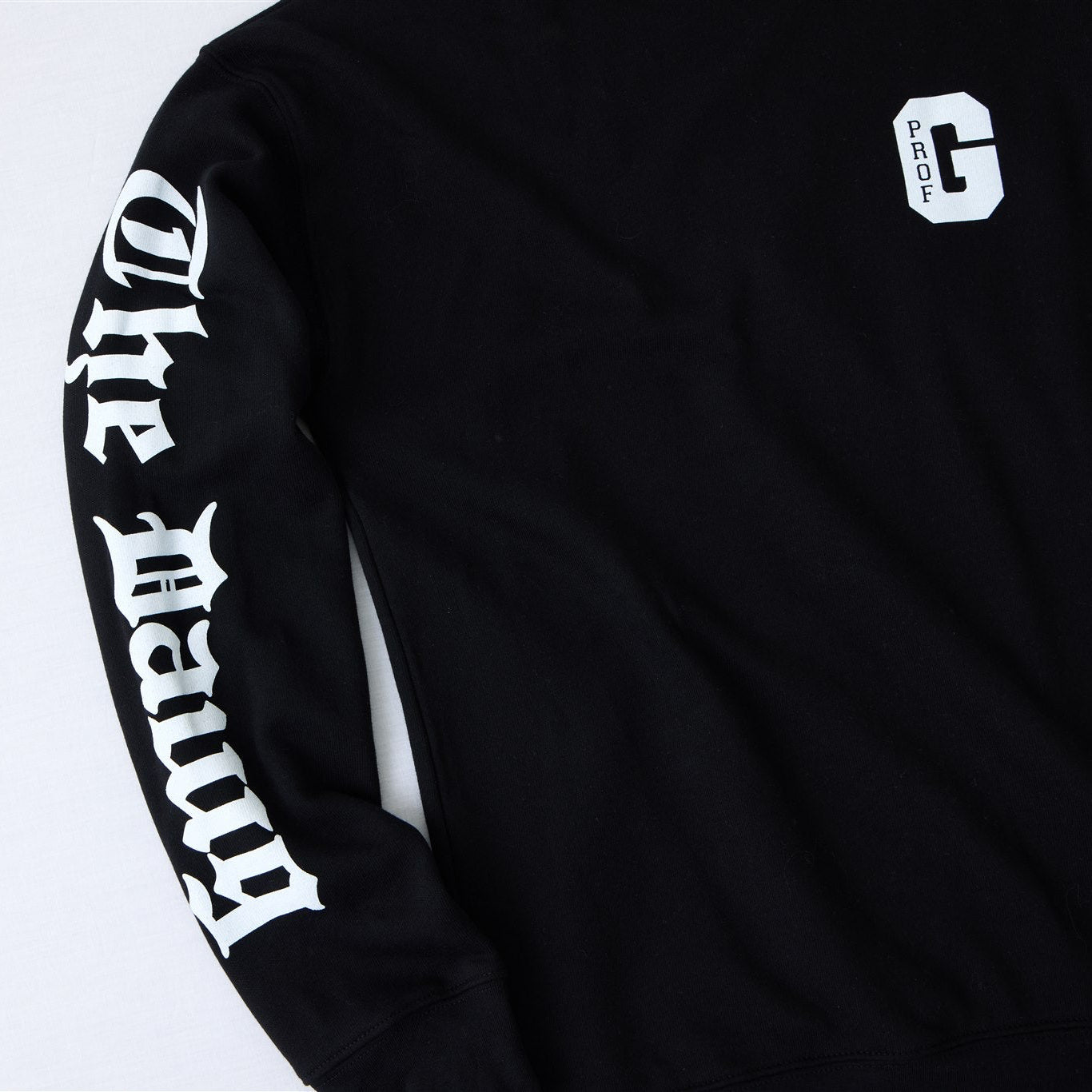 Black lightweight crewneck sweatshirt featuring Prof G Collegiate chest logo and oversized Dawg sleeve graphic.