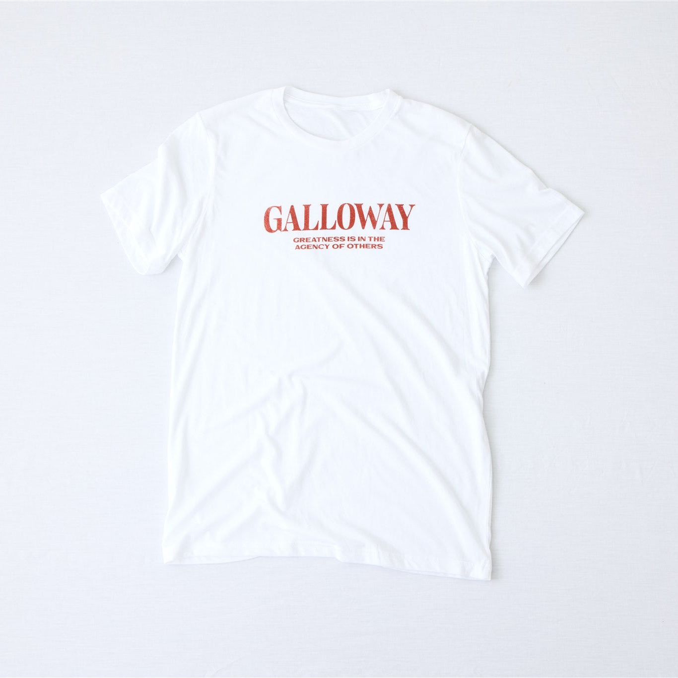 White Galloway Greatness graphic t-shirt featuring minimalist red typography and front chest design