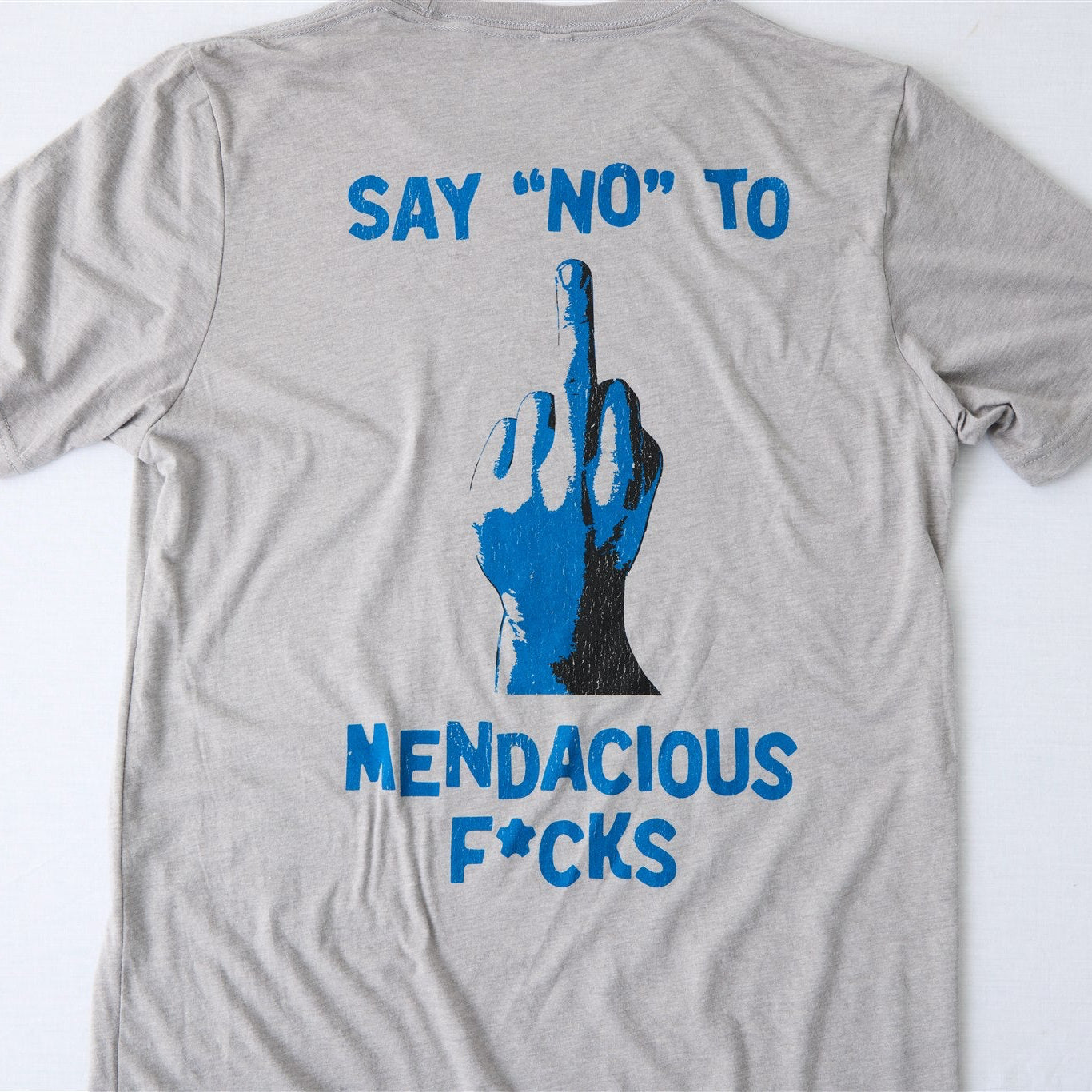 Grey Say No graphic t-shirt with blue hand illustration and statement typography from Prof G collection