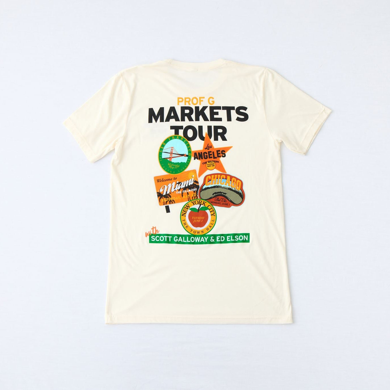 Cream Markets Tour graphic t-shirt featuring retro front chest logo and oversized back tour graphic with city-inspired artwork