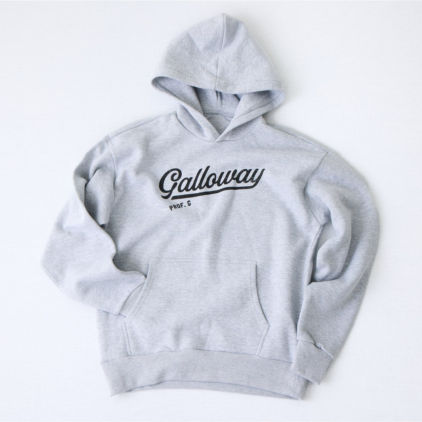 Grey oversized heavyweight hoodie featuring black vintage-inspired Galloway script logo graphic.