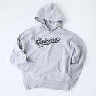 Grey oversized heavyweight hoodie featuring black vintage-inspired Galloway script logo graphic.
