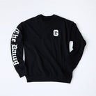 Black lightweight crewneck sweatshirt featuring Prof G Collegiate chest logo and oversized Dawg sleeve graphic.