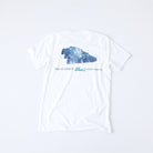 White Blue Flame graphic t-shirt featuring distressed front chest logo and oversized retro blue car back graphic