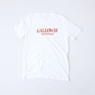 White Galloway Greatness graphic t-shirt featuring minimalist red typography and front chest design