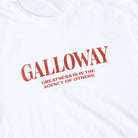 White Galloway Greatness graphic t-shirt featuring minimalist red typography and front chest design
