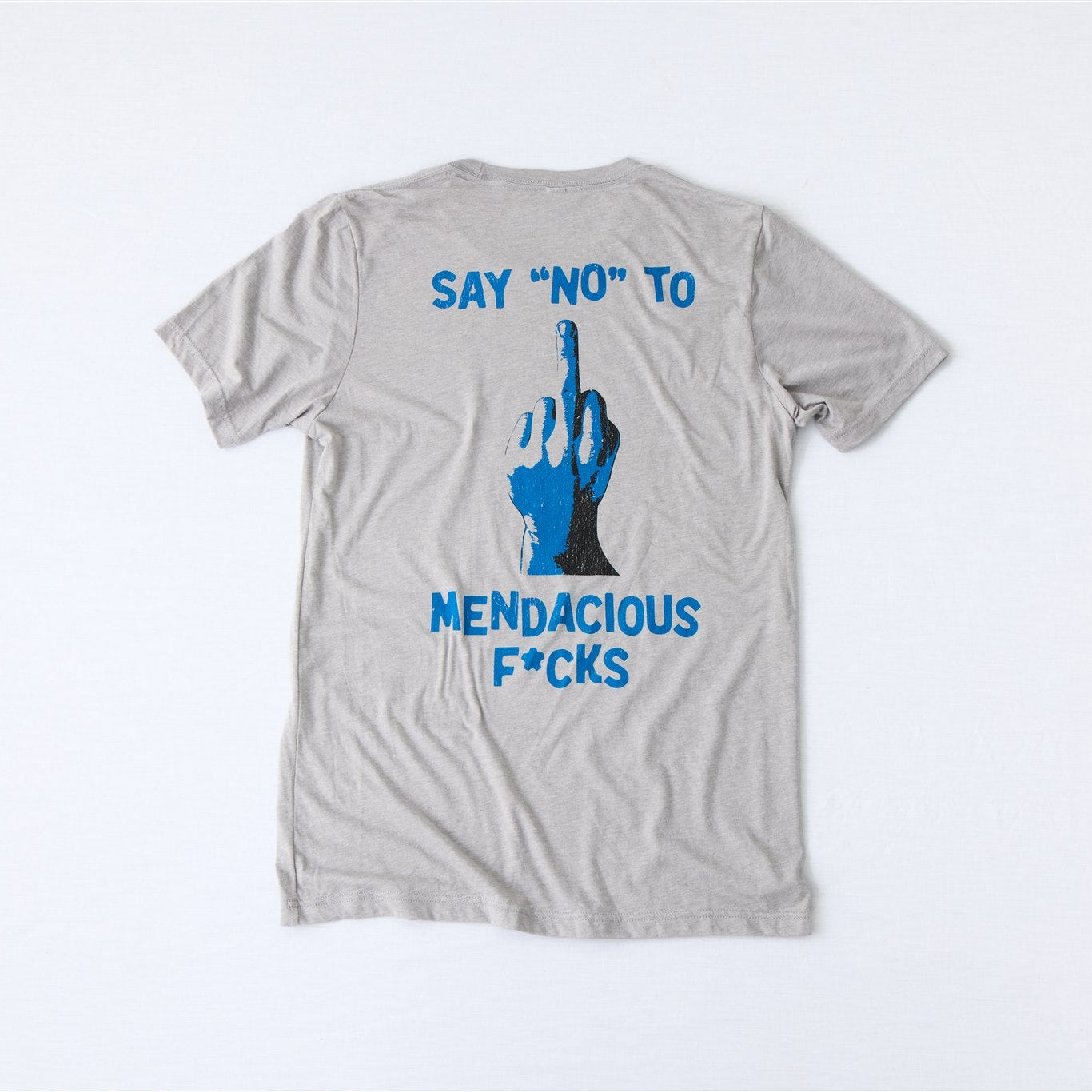Grey Say No graphic t-shirt with blue hand illustration and statement typography from Prof G collection